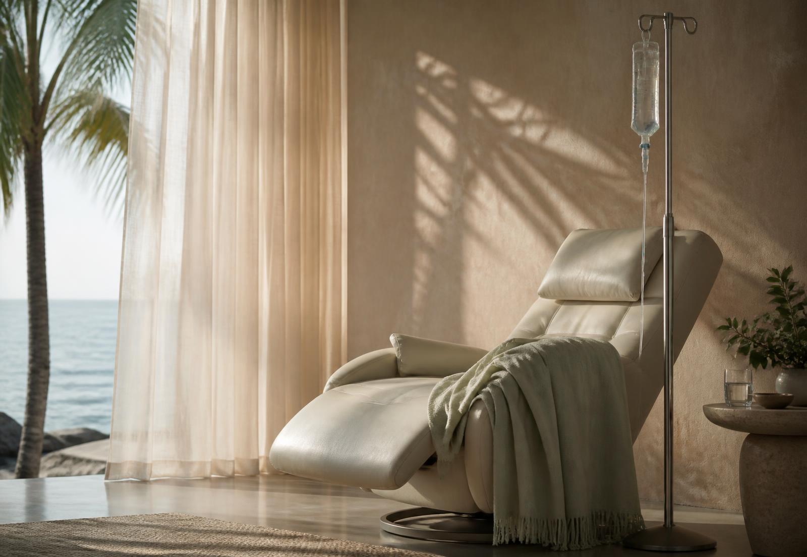 Calm treatment space with an IV stand overlooking the Gulf